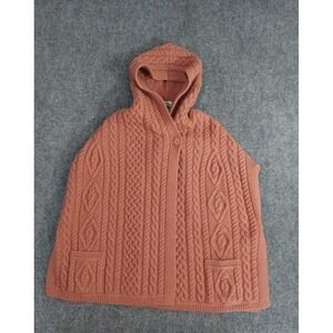 Aran Craft Shawl Women XS/S Pink Hooded 100% Merino Wool Ireland Cable Knit Hood